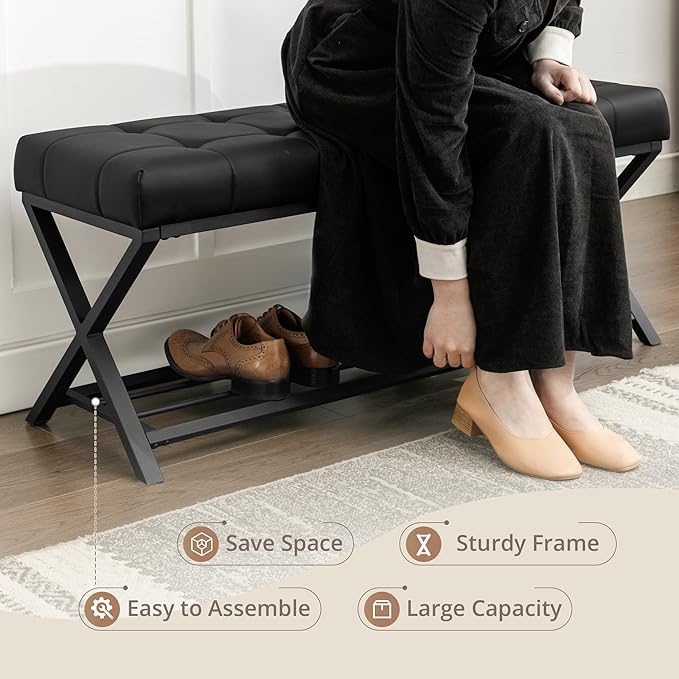 LUE BONA 44.5” End of Bed Bench with Shelf, Linen Tufted Upholstered Storage Shoe Bench, Modern Bedroom Bench with Metal Legs for Living Room, Entryway, Dining Room, 300 LB, Black