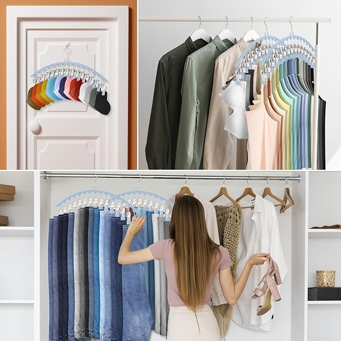 6 Pack Legging Organizer for Closet Hanging, Pants Hangers with Clips Holds 95 Leggings, Shorts, Skirts, Jeans, Hats, Pants Hangers Space Saving Clothes Racks Closet Organizers and Storage, Blue