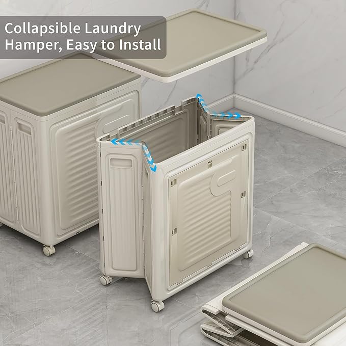 Laundry Hamper with Wheels and Lid, Foldable Clothes Hamper, Large Capacity Rolling Laundry Basket, Stackable & Collapsible Laundry Organizer for Bathroom, Bedroom, Laundry Room, Gym