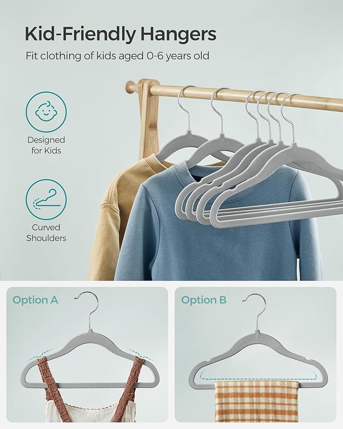 SONGMICS Baby Kids Hangers 50 Pack for Closet, 11.8 x 8.1 Inches, Silver 360° Swivel Hooks, Space-Saving Clothes Velvet Hangers for Nursery, Non-Slip, Dove Gray UCRF027G05