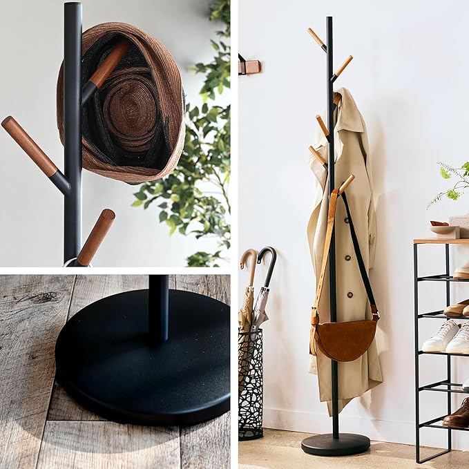 YAMAZAKI Home Freestanding Coat Rack Stand – Modern Coat Tree With Wooden Hooks, Standing Coat Hanger For Entryway, Sturdy Weighted Base, Steel, White, Easy Assembly, 70" - Steel