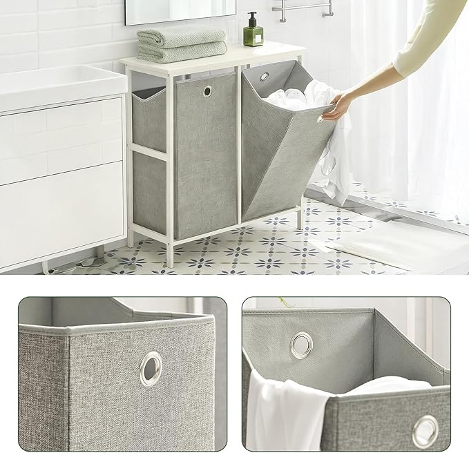 Haotian Laundry Hamper with Shelf, Laundry Basket, Laundry Sorter with 2 Pull-Out and Removable Bags for Laundry Room Bathroom Storing Rack Simple Design, BZR57-W