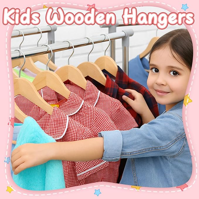 20 Pack Wooden Baby Hangers Wood Kids Hangers with Ring Clips for Closet Children Clothes Hangers with Pants Bar Shoulder Notches Swivel Hooks,12.5X 7.5 Inches