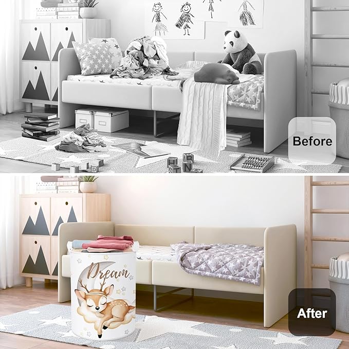 Sleeping Animals Baby Laundry Hamper Collapsible Clothes Kids Storage Basket Large Boys Girls Gift Toy Box Bin for Nursery, Deer, 63L