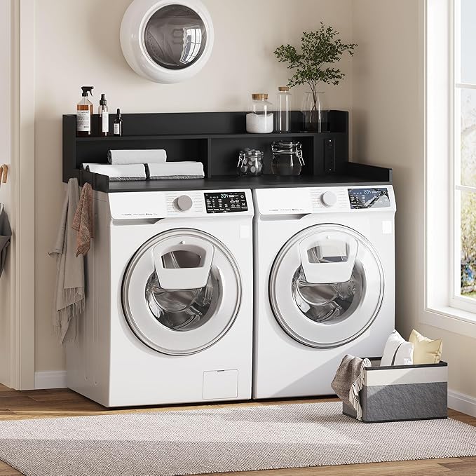 Upgraded 2-Tier Washer and Dryer Countertop with Power Outlet,54" W x 27.6" D Large Laundry Countertop for Fold Clothes, Laundry Topper with Non-Slip Pads & Metal Hooks and Storage Basket