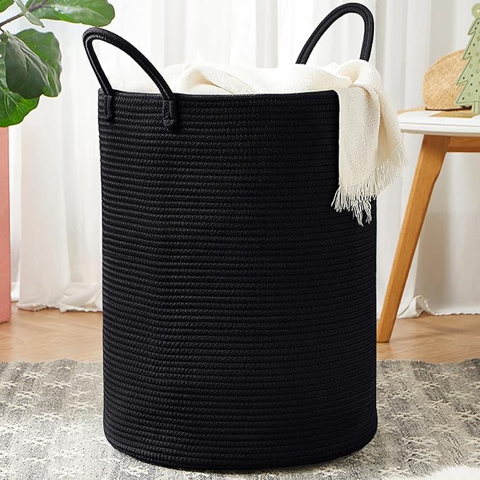 80L Black Woven Rope Hamper Laundry Basket for Clothes Tall Modern Blanket Storage Basket in Living Room Bedroom Extra Large