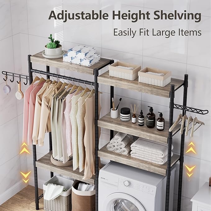 5-Tier Wood Over The Washer and Dryer Storage Shelf- Laundry Room Organization Space Saving Laundry Drying Clothes Racks Heavy Duty Adjustable Height Bathroom Shelf for Home Decor 65"L*12"D*74"H