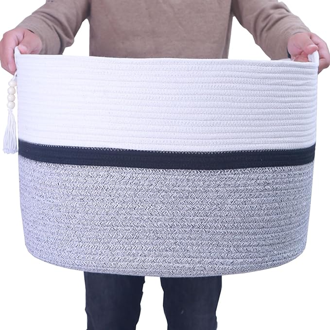 Cotton Rope Storage Bin,Natural Handmade Woven Hamper for Living Room,Blanket Basket for Clothes, Pillows, Towels (black, 100L)