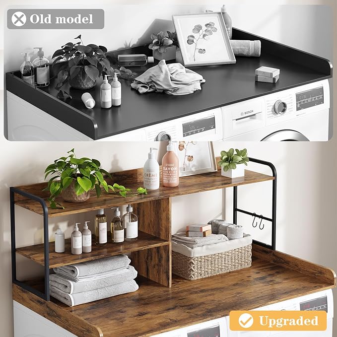 Washer and Dryer Countertop with Shelves, 54" x 27.56" 3 Tiers Large Laundry Topper with 2.95" Edge Rails, Laundry Room Storage and Organization with 2 Hooks and Non-Slip Pads