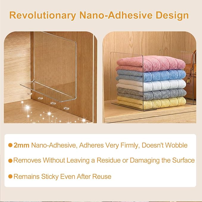 Shelf Dividers for Closet Organization: 6" Tall x 10" Deep, Deeper Adhesive Separators Features Acrylic Material and Provides Storage for Babywear and Purses in Bedroom Cabinets(8-Pack)