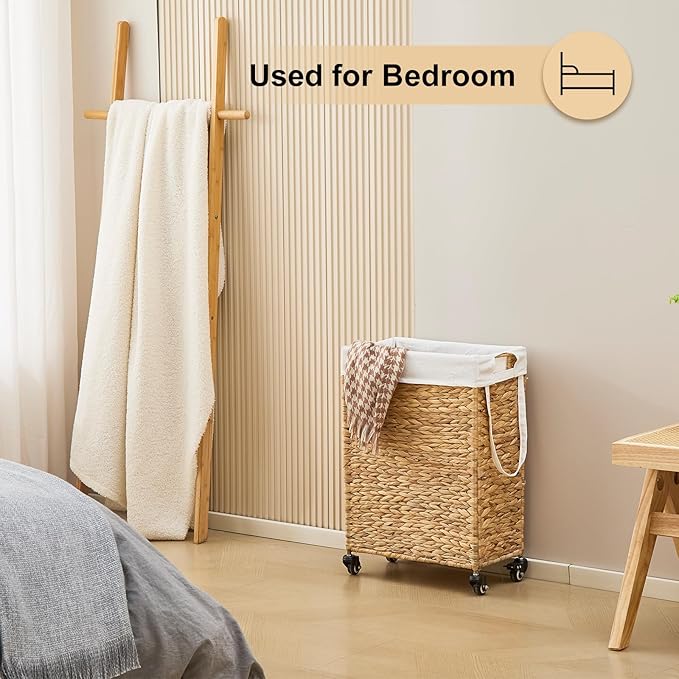 Rolling Laundry Hamper with Wheels, Slim Laundry Basket with Removable Liner Bag & 2 Mesh Bags, Handwoven Water Hyacinth Clothes Hamper for Bedroom Bathroom (Natural, 50L)