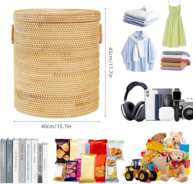 17.7"×15.7"×15.7" Rattan Laundry Basket With Handle, Rattan Laundry Hamper With Liner Bag, Round Wicker Large Hampers For Organizing Clothes Kids Toys Books