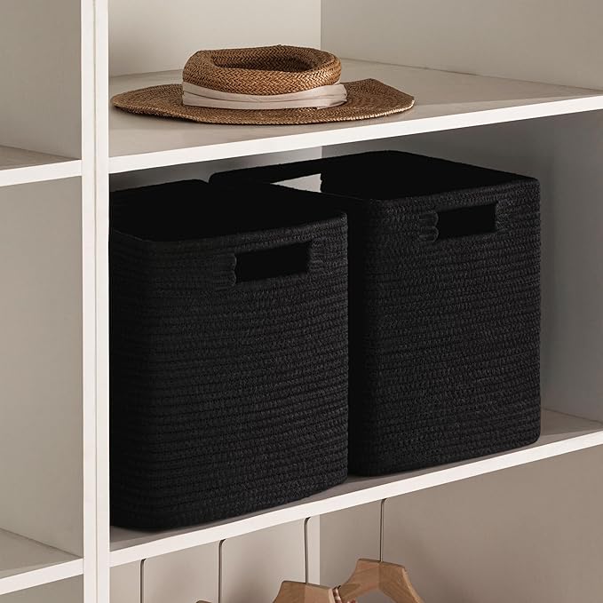 UBBCARE Set of 4 Storage Bins - 11 X 10.5 X 10.5 in, Cotton Rope Bins for Shelves, Toys, Books, Cube Storage with Handles, Woven Black Basket for Organizing
