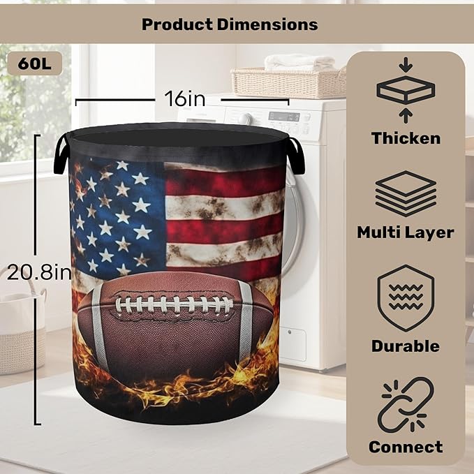 Football Large Clothes Hamper Bag - Laundry Basket with Handles, Space Saving Foldable Design for Nursery