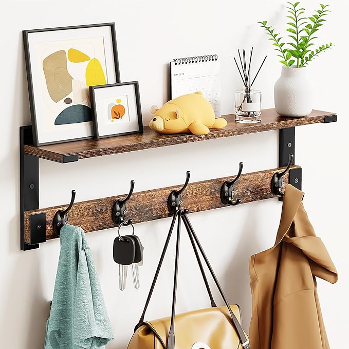 Coat Rack Wall Mount with Hooks and Shelf for Coat, Backpack, Key, Clothes Hanger, Wall Floating Shelf for Entryway, Living Room, Bathroom, Bedroom, Kitchen