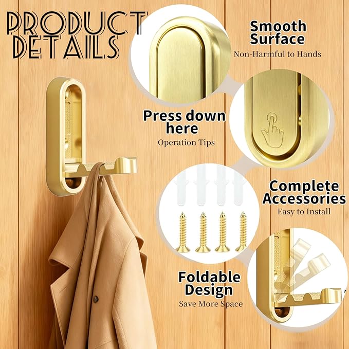 2PCS Folding Coat Hooks,Gold Wall Hooks for Hanging – 2 Folding Coat Hooks, Flip Down Heavy Duty Hooks Robe Hook Wall Mounted for Clothes, Towels, Hats & More