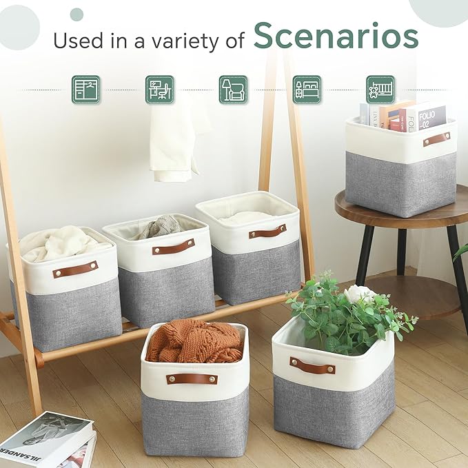 Cube Storage Baskets 6 Pack, 11x11 inch Cube Storage Bins with Leather Handles for Shelf Closet (White/ Gray)