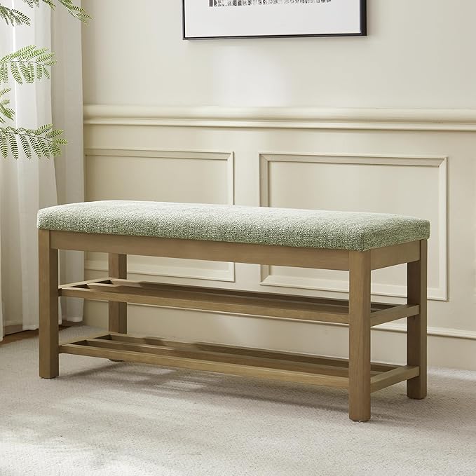 VKNOW 44.3” Wooden Entryway Bench, 2-Tier Upholstered Shoe Bench for Bedroom, Storage End of Bed Bench with Rubberwood Legs for Living Room, Hallway, Green