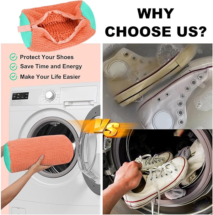 Shoe Washing Machine Bag - Shoe Laundry Bag for Washer and Dryer, Reusable 2 Pack, 360° Deep Cleaning, Self-Locking Zipper, Fits All Sneakers & Tennis Shoes - Orange