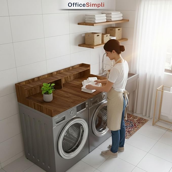 OfficeSimpli Large Washer Dryer Countertop with Shelf, 30 x 58 Inch Made in USA Laundry Countertop Over Washer and Dryer with Non-Slip Pads, Storage Shelf, Laundry Topper Organizer, California Walnut
