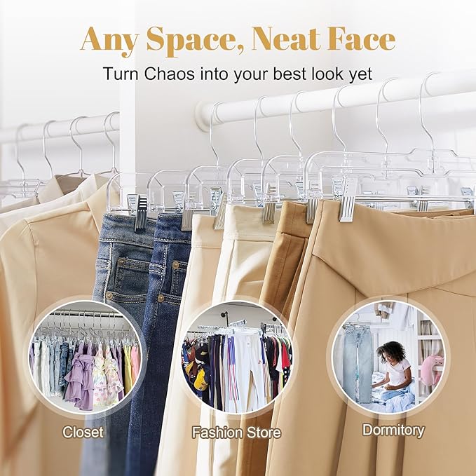 HOUSE DAY Clear Skirt Hangers with Clips, Non-Slip Pants Hangers for Closet, Clip Hanger for Pant, Skirts, Shorts, 14'' Clear Plastic Hanger, Pack of 25