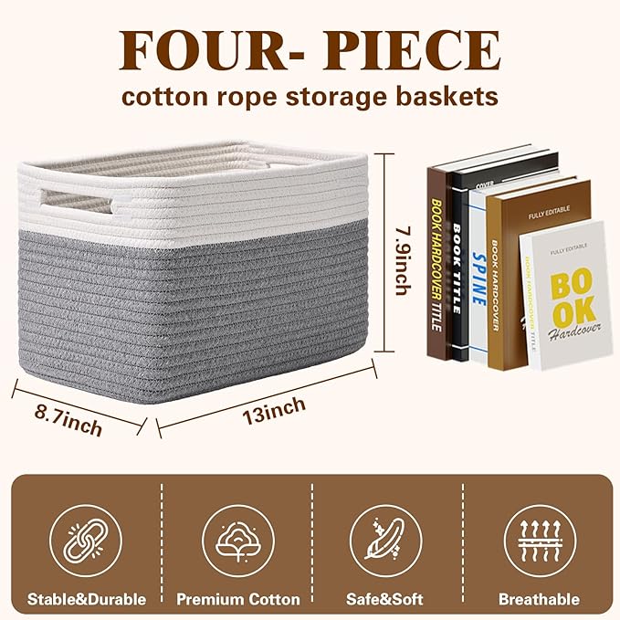 Storage Baskets for Organizing, 4 Pack Baskets for Shelves, Decorative Storage Bins for Shelves, Cotton Rope Storage Basket with Handles, Woven Basket for Storage, 13''Lx8.7''Wx7.9''H, White & Gray
