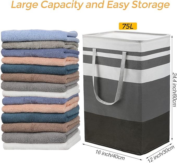 4 Pcs 75L Large Laundry Basket Laundry Hamper Freestanding Waterproof Clothes Hamper Collapsible Tall Clothes Basket with Extended Handles for Bedroom Bathroom Dorm and Family Towels Toys