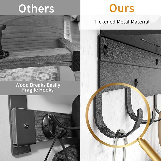 Wall Shelf with 7 Hooks, 23 Inch Entryway Coat Rack Wall Mounted, Metal Coat Hanger with Shelf Storage Clothes, Bags, Purse for Living Room, Balcony, Closet, Black