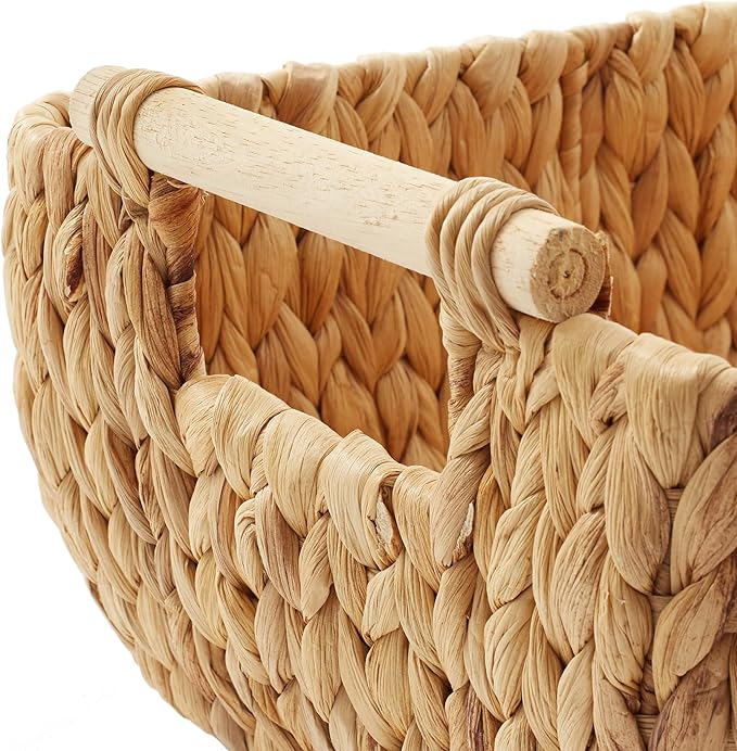 Casafield Set of 3 Water Hyacinth Oval Storage Baskets with Wooden Handles - Small, Medium, Large - Woven Nesting Basket Organizers