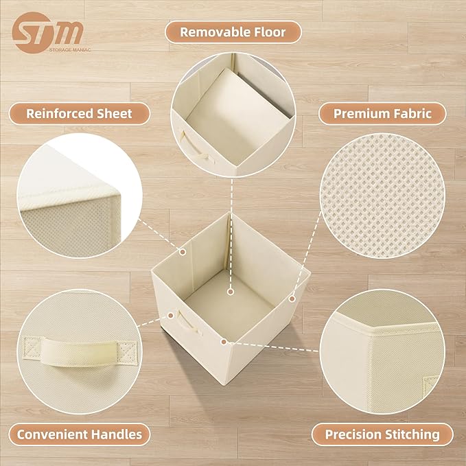 STORAGE MANIAC Storage Cubes, 13 Inch Collapsible Storage Bins with Handles, 4 Pack Fabric Foldable Bins for Organization, Durable Storage Bins for Closet, Shelves, Offices, Toys, 4-Pack Beige