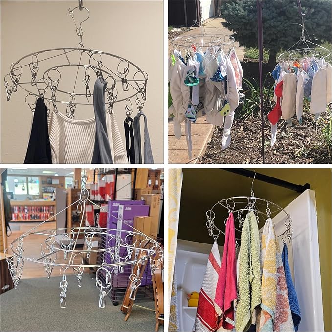 6 Pack 13 inch Round Stainless Steel Drying Rack with 20 Clips, Swivel Sock Drying Rack with Windproof Clips, Stainless Steel Clothes Hanger for Bras, Clothes, Sock & Underwear Towels