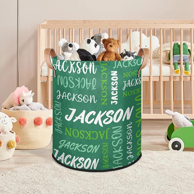 Custom Name Large Laundry-Basket for Kids-Boys-Girls, Personalized Foldable Waterproof Laundry Hamper Dirty Clothes Toys Storage Bin with Handles,Green 2