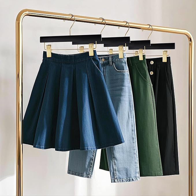 Quality Hangers Wooden Pants Hangers - Multi-Pack Swivel Hook Cloth Hanger Set - Lotus Wood Skirt, Pant, Shorts and Slack Hangers with Adjustable Clip – Clothing Hanger Set (120, Black - Gold Hook)