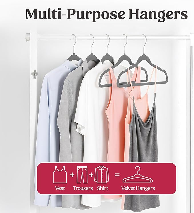LDC Grey Velvet Hangers 50 Pack - Premium Non-Slip Clothes Coat Pants Felt Hanger for Closet - Heavy Duty Space Saving 360° Swivel Hook Hangars - Grey