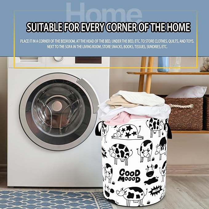 Cute Cow Laundry Basket Black White Cows Foldable Oxford Cloth Funny Tote Bag Laundry Hamper Clothes Storage Bucket Toy Organizer For Bathroom/Laundry Storage/Bedroom 18.9x16.5 Inch