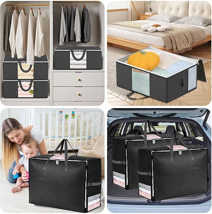 2Pack 105L Extra Large Blanket Comforter Storage Bags, Foldable Storage Bags for King Comforter Bedding Pillow Sheet Clothes with Handles Zippers Clear Window Closet Organizers and Storages, Black