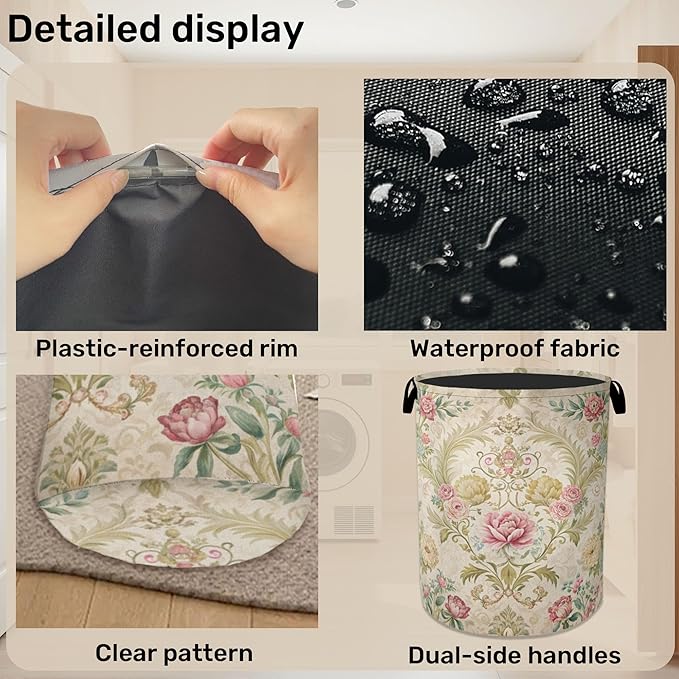 Shabby Chic Rose Laundry Basket with Handles - Extra Large Foldable Hamper for Bathroom/Laundry/Bedroom/Dorm, Washable Fabric Storage Bin