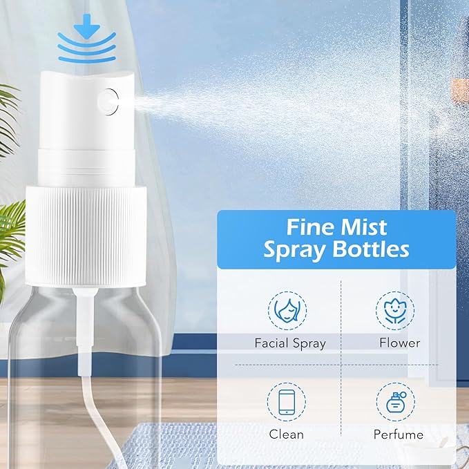 Spray Bottles, 2.7oz/80ml Clear Empty Fine Mist Plastic Mini Travel Bottle Set, Small Refillable Liquid Containers with 2pcs Funnels and 24pcs Labels (6 Pack)