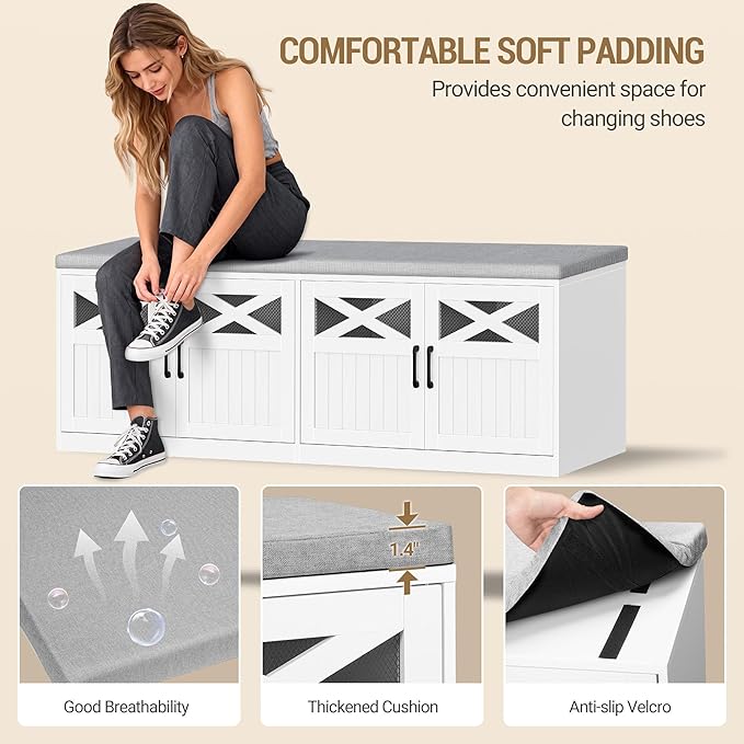 2 Tier Shoe Storage Bench with Doors, 47.2" Farmhouse Shoe Bench with Padded Cushion, 12 Pairs of Bed End Bench, Entryway Bench with Storage for Bedroom, Living Room, White SB61203X