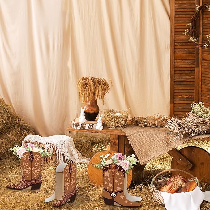 16Pcs Western Cowboy Boots Flower Boxes Centerpiece Brown Boots Shape Box Decorations Western Cowboy Boot Vase Paper Box for Wild West Rodeo Birthday Baby Shower Decoration