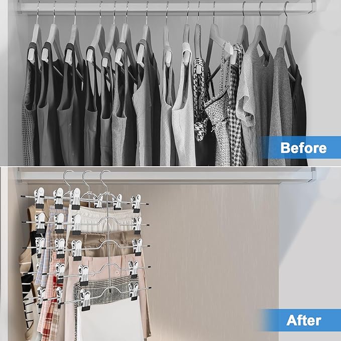 Pants Skirt Hangers with Clips, 4 Pack Pant Hangers Skirt Hangers Space Saving Closet Hanger Organizer Closet Organizers and Storage