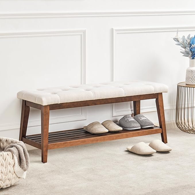 Upholstered Bench for Bedroom End of Bed,42.5-inch Entryway Bench for Living Room,Dining Bench with Padded Seat and Solid Wood Leg for Kitchen Bedroom,Indoor and Hallway (Shoe Bench, Beige)