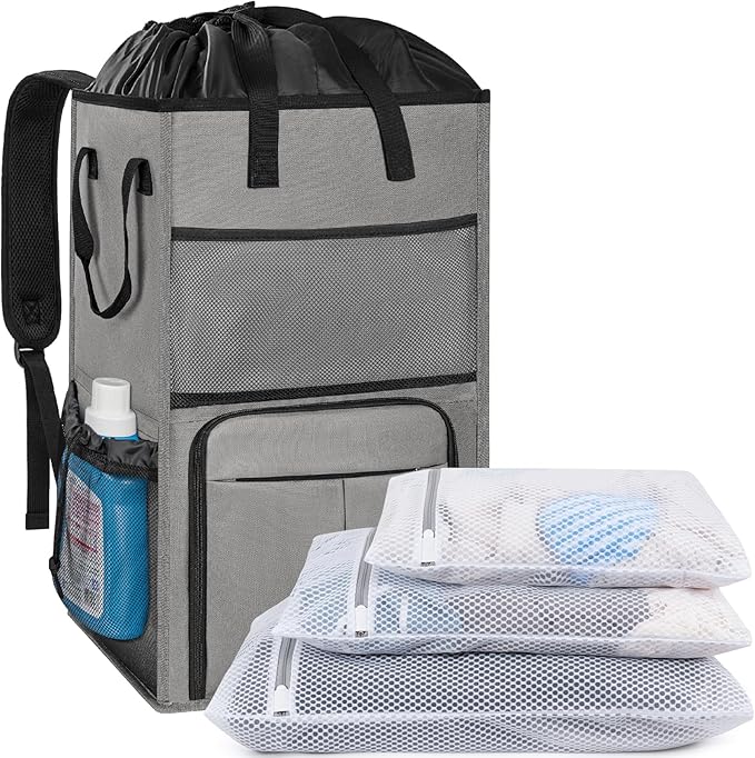 95L Laundry Backpack Bag with 3 Sizes Mesh Wash Bags Empty, Extra Large 2 in 1 Laundry Hamper Basket with Shoulder Straps, Freestanding Laundry Bag for College Dorm, Laundromat, Apartment (Grey)