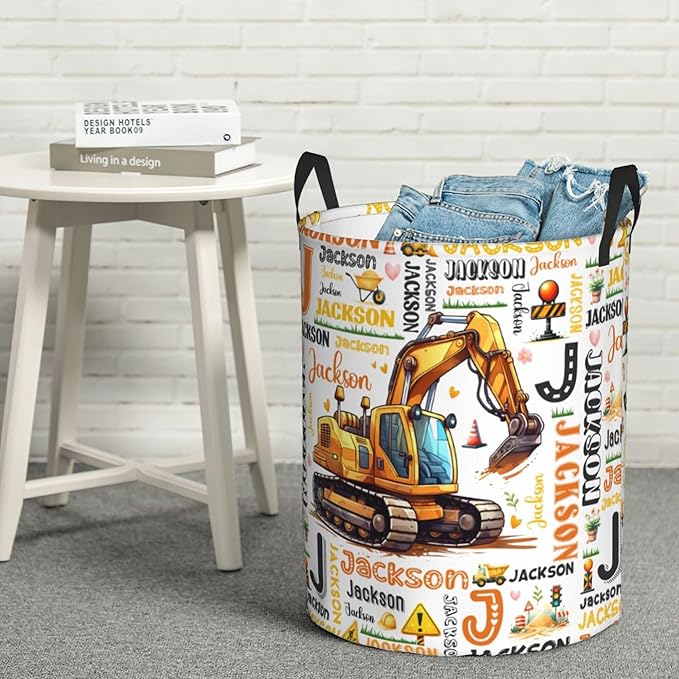 Personalized Excavator Laundry Basket For Baby Kids Boys Girls Adult Custom Hamper Basket With Name For Bathroom Bedrooms Collapsible Baby Laundry Basket, Dirty Clothes Hamper With Handles