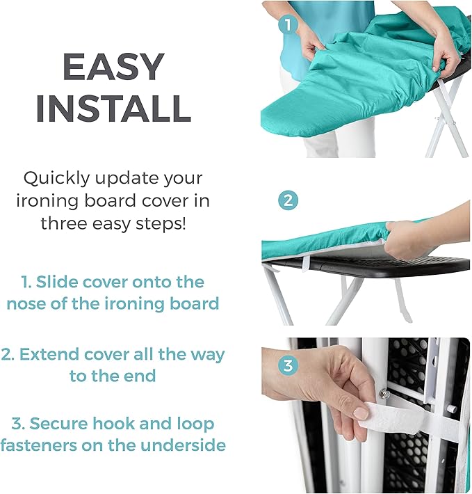 HOME GENIE Ironing Board Cover, Extra Thick Padding, Scorch Resistant Silicone Coating, 15x54 Elastic Edge Heavy Duty Iron Pad Covers Standard Boards, Hook and Loop Fastener Strap, Turquoise