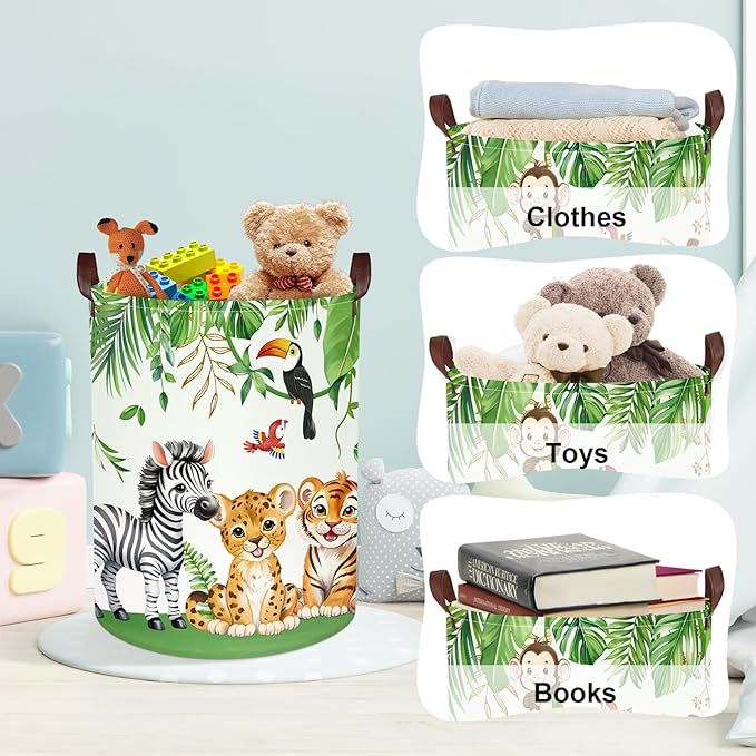 Clastyle Safari Animal Laundry Basket Leaf Kids Clothes Book Storage Basket Gift Toy Box for Bedroom Decor,Elephant Lion Giraffe,36x45 cm