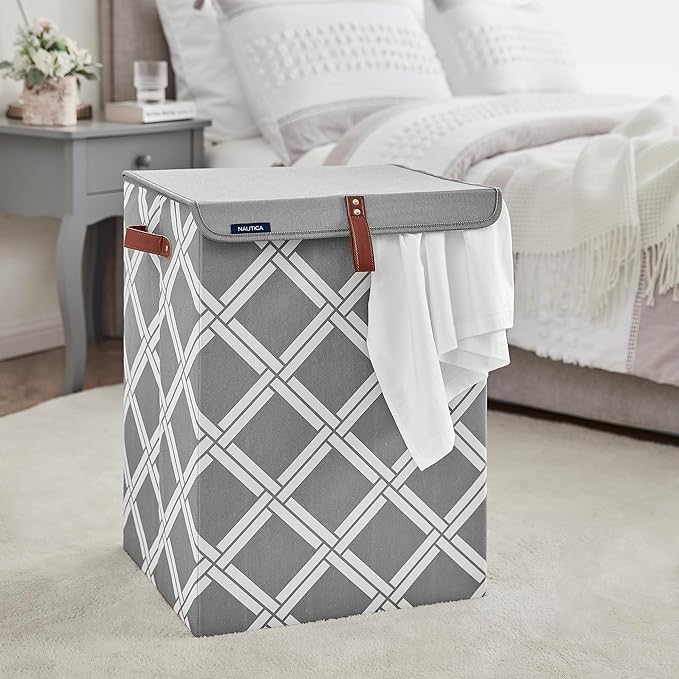 Nautica - Laundry Basket, Foldable Hamper & Storage Bin with Lid, Closet Organizers, Home Essentials (Grey Box Weave)
