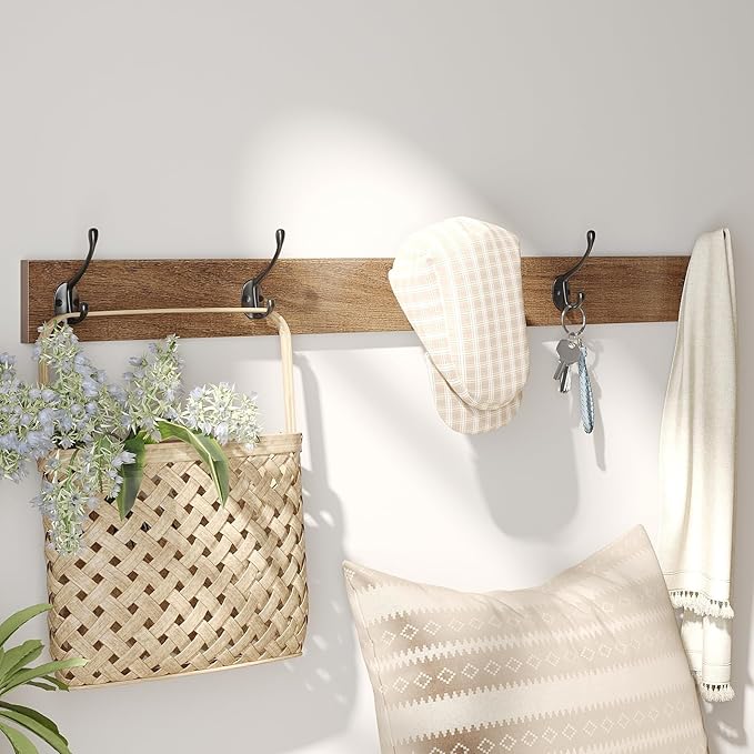Maupvit Rattan Entryway Bench with Seat Cushion & Coat Rack, Shoe Storage Cabinet with 2 Flip Drawers, Narrow Shoe Rack, 5 Sturdy Metal Hooks, Rustic Oak Rattan