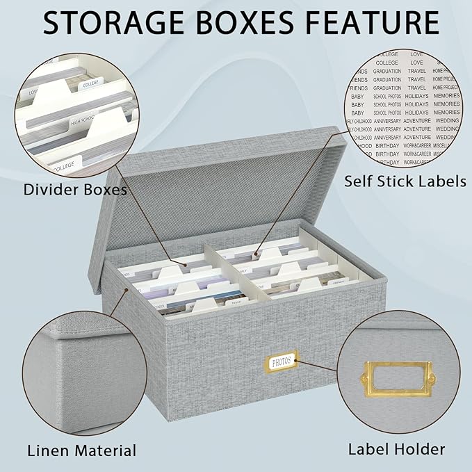 Decorative Photo Storage Box - Linen Photo Box Organizer with Dividers, Fits Holds Up to 1700 Pictures and 5x7 Photos, Memory Keepsake Organizer for Photos, Scrapbook Supplies, Cards, Stamps (Grey)