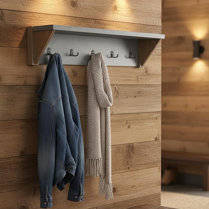Alaterre Furniture Newport Entryway Collection – 40" Modern Industrial Wall Mounted Coat Rack with 5 Steel Double Hooks & Top Shelf – Easy Hang for Entryway, Hallway, or Mudroom (Concrete Gray)